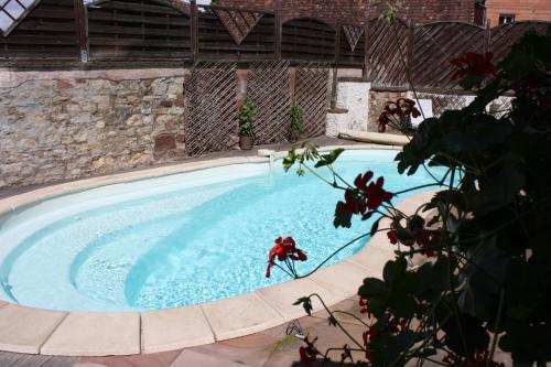 una gran piscina con una pared de piedra en Gites des Dix Vins en Dangolsheim