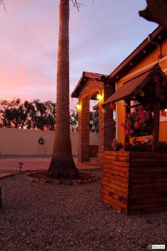 a building with a palm tree next to a palm tree at Cabaña R y A Valle de Guadalupe in Valle de Guadalupe