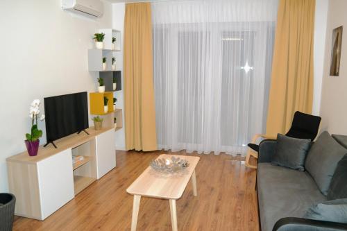 a living room with a couch and a tv at Riverside Apartman with Free Parking in Győr