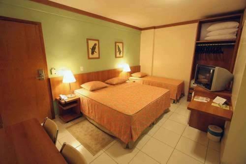 a hotel room with two beds and a television at Golden Dolphin Caldas Novas in Caldas Novas