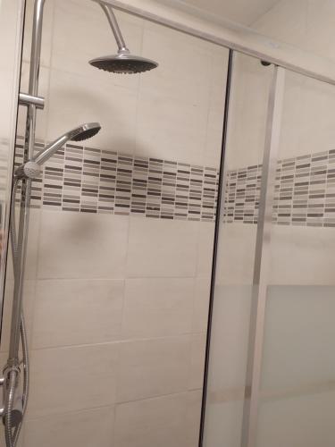 une douche dans une salle de bain avec une porte vitrée dans l'établissement Le coconing appt 102, à Sens