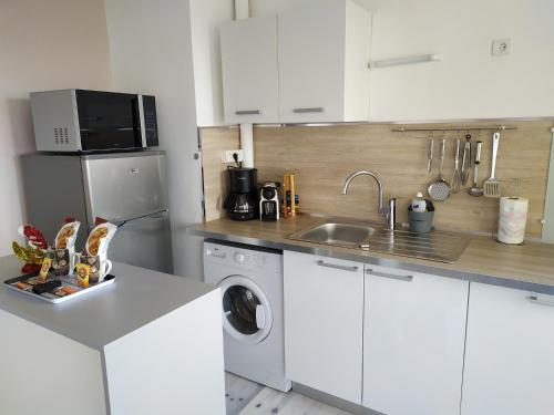 a kitchen with a sink and a washing machine at Le coconing appt 102 in Sens