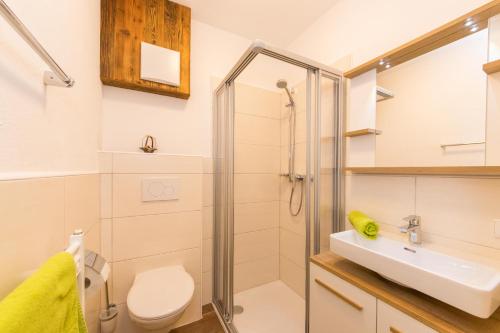 a bathroom with a shower and a toilet and a sink at Ferienwohnungen Weberbauer in Sankt Martin bei Lofer