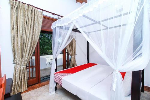 Chami Villa Bentota في بينتوتا: سرير مع مظلة في غرفة مع نافذة