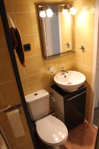 une salle de bain avec toilettes, lavabo et miroir dans l'établissement Apartement sur les hauteurs de Gerardmer avec une SUPERBE VUE, à Gérardmer