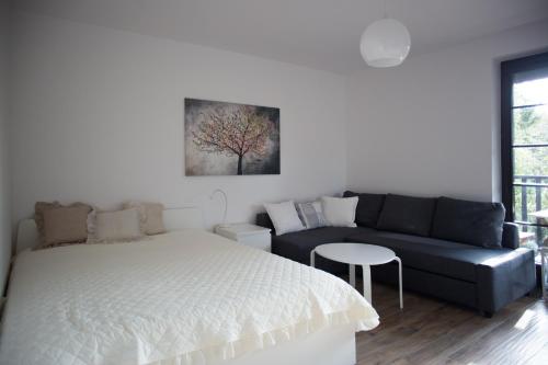 1 dormitorio con 1 cama y 1 sofá en Apartament Kameralny, en Kazimierz Dolny