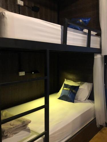 a couple of bunk beds with white sheets and a blue pillow at Tropical Hostel in Ko Phayam