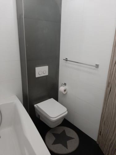 a bathroom with a toilet with a star on the floor at Villa Košice 2 in Košice