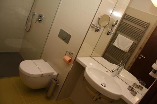a bathroom with a toilet, sink, and mirror at Hotel Rajská zahrada in Nové Město nad Metují
