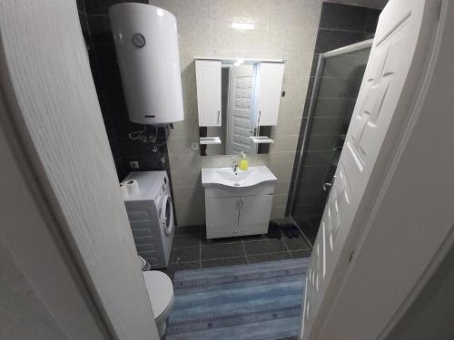 a bathroom with a sink and a toilet and a mirror at XXL APARTMENTS CiTY CENTAR in Bitola