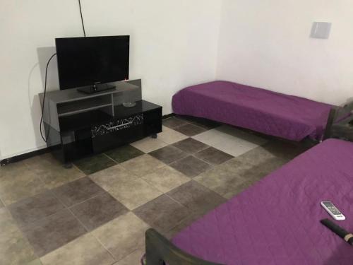 two beds and a tv in a room with purple sheets at Apartamentos Céntricos avenida Piria in Piriápolis