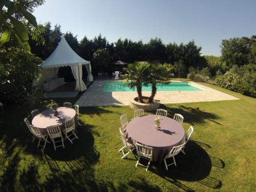 2 tables et des chaises avec une tente et une piscine dans l'établissement La Roulotte de Negra, à Montesquieu-Lauragais