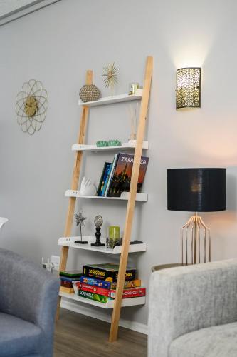 a book shelf in a living room with a ladder at Brookes Hill Suites Luxury Apartment 124 in Port Elizabeth