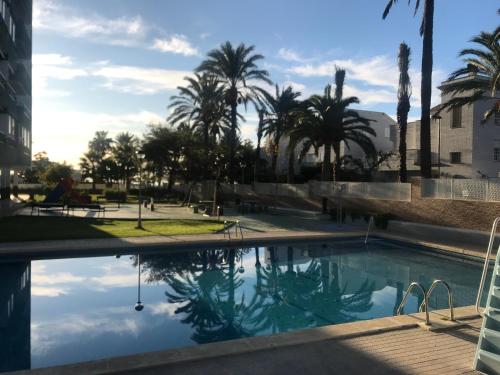a swimming pool with palm trees and a building at Apartamento residencial Las Palmeras in Benicàssim