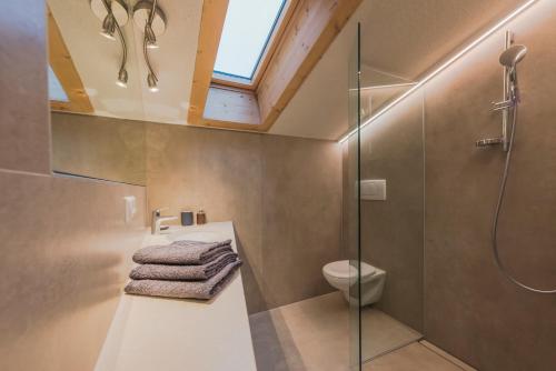 a bathroom with a shower and a sink and a toilet at Residence-Garni Haus Tschenett in Prato allo Stelvio