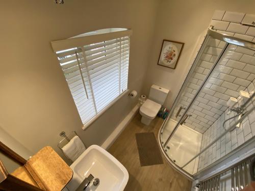 a bathroom with a shower and a sink and a toilet at St Etheldreda's Cottage, Wells, Somerset in Wells