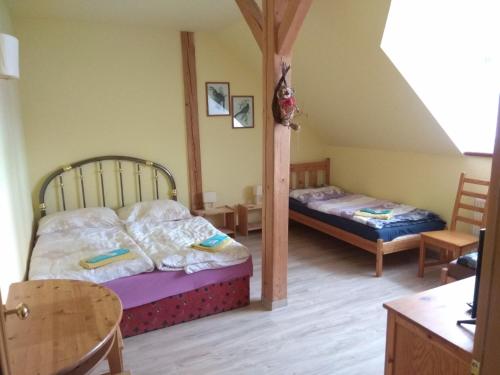 1 Schlafzimmer mit 2 Betten und einem Tisch in der Unterkunft Statek Olšany in Olšany