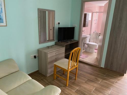 a living room with a couch and a television and a bathroom at SZ Guesthouse in Trimiklini