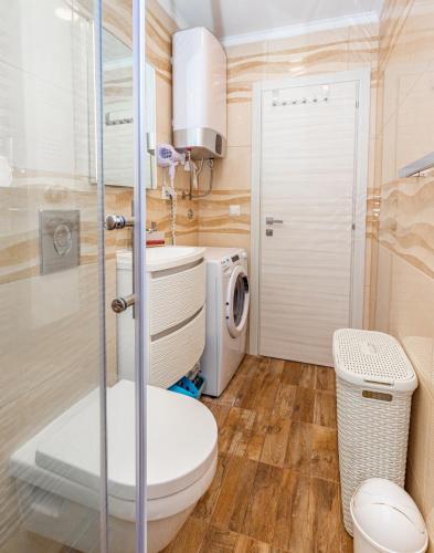 a bathroom with a toilet and a washing machine at Apartment Pero&Mika With Swimming Pool in Dubrovnik