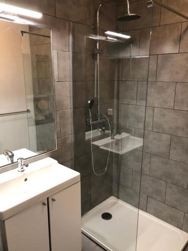 une salle de bain avec douche et lavabo dans l'établissement Appartement Palais des Dômes avec piscine, à Nice