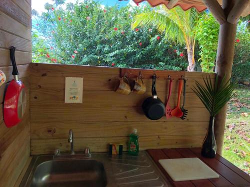 a kitchen with a sink and a window at Soul Fire Casitas in Montezuma