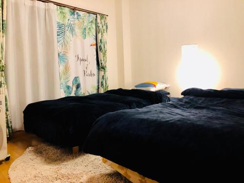 two beds in a room with a lamp and a window at Midtown Sakura Apartment House 101 予約者だけの空間 A space just for you in Nachikatsuura