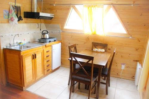 a small kitchen with a table and a sink at Eco Cabañas Wanderlust in Puerto Puyuhuapi