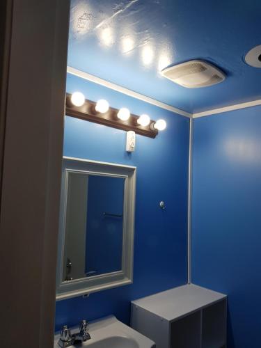 Metro Inn في فيكتوريا: حمام أزرق مع حوض ومرآة