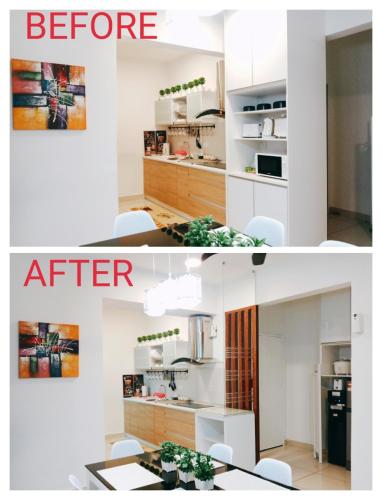 a kitchen and a living room before and after at Evo Bangi Duplex Homestay D' Imahzzz - 3BR or 2BR in Bangi