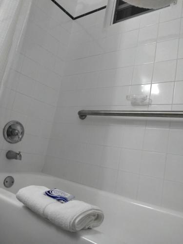 Baño blanco con toalla en la bañera en Coastal View Apartment, en Ceiba