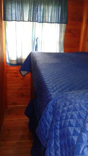 ein blaues Bett in einem Schlafzimmer mit einem Fenster in der Unterkunft Bungalow Montes in El Bolsón