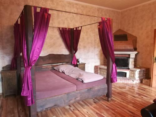 a bedroom with a canopy bed with pink curtains at Isabellino údolí in Stříbro