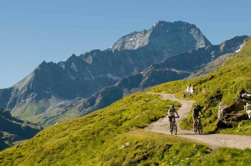 two people riding bikes on a mountain trail at Hotel Restaurant Le Giétroz in Le Châble