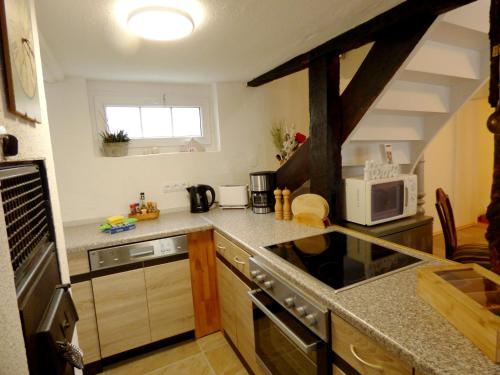 a kitchen with a stove and a microwave at Relaxen am Rosenbusch in Ohlenhard