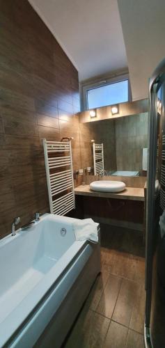 錫納亞的住宿－Villa Onix，带浴缸和盥洗盆的大浴室