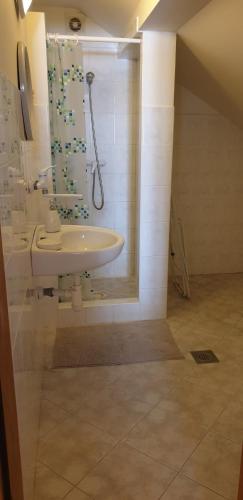 a bathroom with a sink and a shower with a shower curtain at Ubytovanie v podkroví in Ždiar