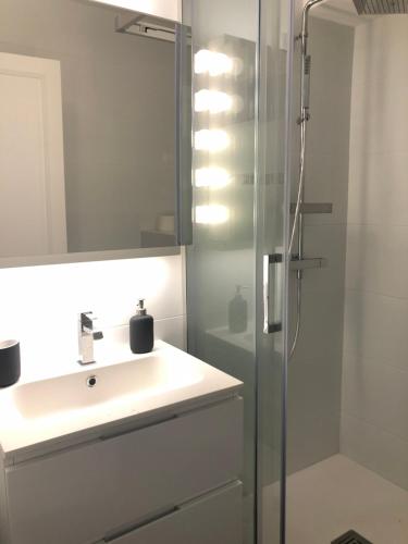 a white bathroom with a sink and a shower at Appart 2 pièces avec parking QUARTIER DU LAC in Saint-Jean-de-Luz