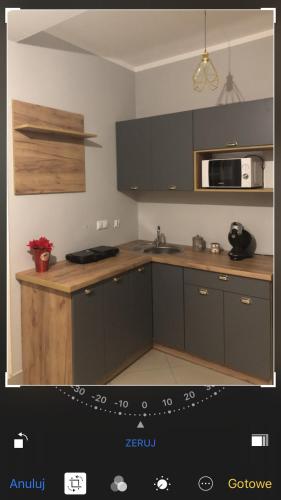 a kitchen with gray cabinets and a counter top at Pokoje gościnne Zuzanna Krupa in Kluszkowce