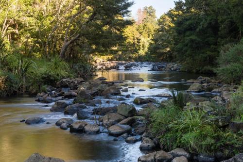 a river with rocks and trees in a forest at Puketotara Lodge in Kerikeri