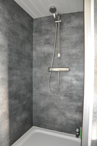 a shower in a bathroom with a gray wall at Private Lodge on Houseboat Amsterdam in Amsterdam