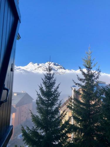 two pine trees in front of a building with a mountain at Anayet Sweet Home in Formigal