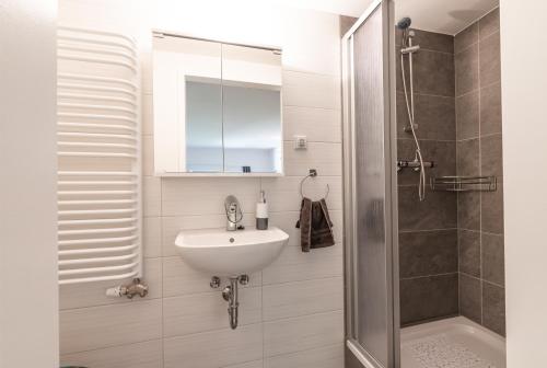 a bathroom with a sink and a shower at FeWo Skiheim in Großschönau