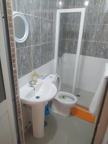 a bathroom with a sink and a shower and a toilet at Plateau Bedroom & Chambre - Praia Center 1 in Praia