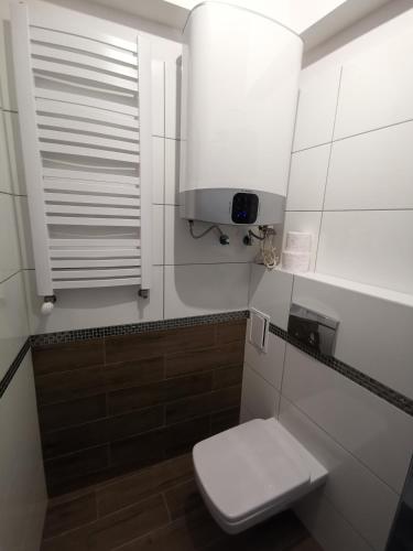 a white bathroom with a toilet and a window at Apartament wygodny S4 in Kalisz
