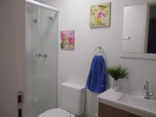 y baño con aseo, ducha y lavamanos. en Apartamento Praia de Palmas en Governador Celso Ramos