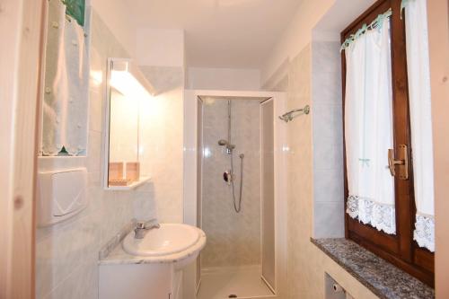 ein weißes Bad mit einer Dusche und einem Waschbecken in der Unterkunft Aliza in Campitello di Fassa