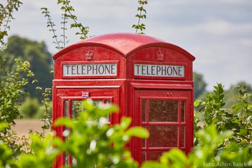 a red phone booth in the middle of some bushes at Heikes Frühstückspension in Padenstedt
