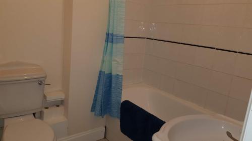 y baño con aseo blanco y ducha. en Atlantic Mansions 2 Bedroom Split Level Apartment en Southampton
