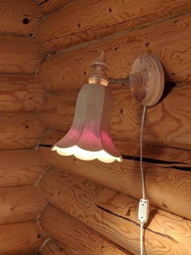 a light on the wall of a log cabin at Tunturioravat in Äkäslompolo