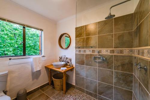 un bagno con doccia e lavandino di Vogelsang Farm Cottage a Oudtshoorn